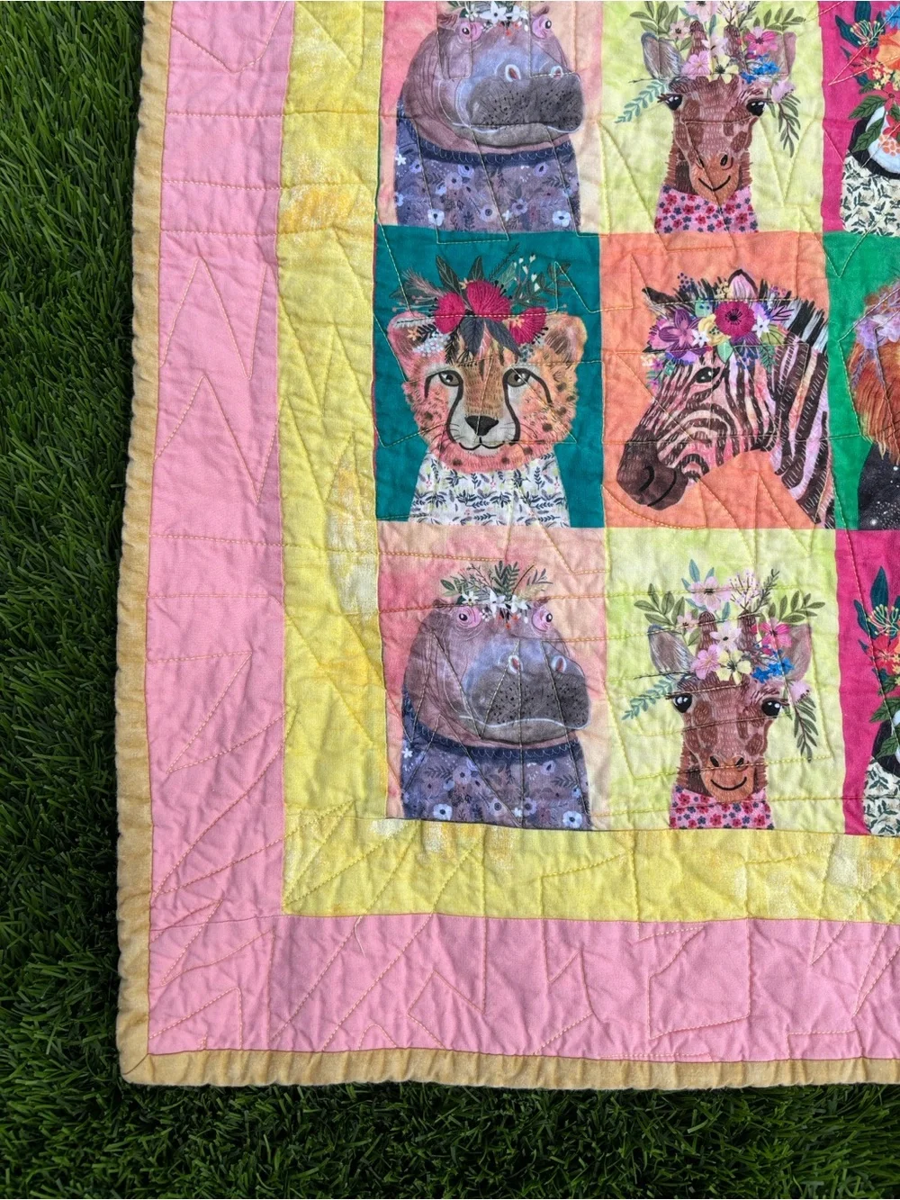 Colorful Animal Patchwork Baby Quilt - Pink, Yellow, Green 34x34